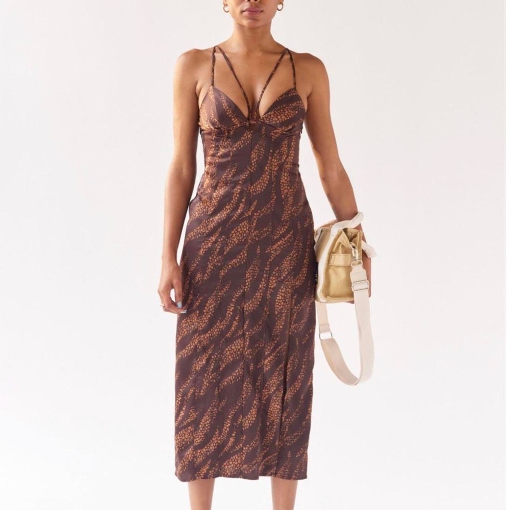 Brown and tan long midi patterned dress from urban outfitters